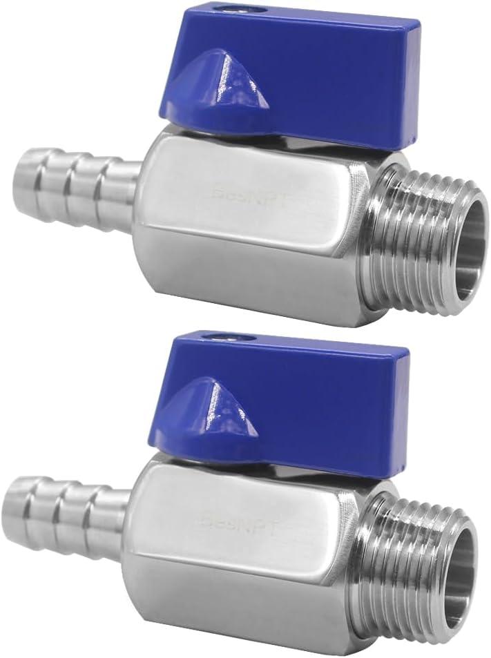 Stainless Steel Shut Off Valve 1/4" NPT Male x 3/8" Hose Barb Ball Valve for Water Fuel Air with Replaceable Butterfly Shaped Handles (Pack of 2)