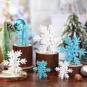 Bucherry 12 Pcs Wooden Snowflake Table Decor 3D Snowflake Tabletop Signs and Centerpiece for Christmas Xmas Winter Wonderland Decorations Home Party(White, Light Blue)