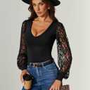 Avidlove Womens Long Sleeve Bodysuit Double Lined V Neck Lace Puff Sleeves Going Out Top Shirts Thong Leotard Body Suit, XXL