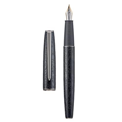 HONG DIAN A3 Black Aluminum Fountain Pen, Iridium Fine Nib Blossom Engraving Design, Consistent Writing Pen with Ink Converter and Metal Pen Box Set