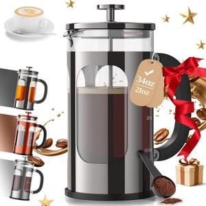 Veken French Press Coffee Maker 34oz, No Plastic Touching Cafe,Thickened Glass Stainless Steel Brewer, Cold Brew Cafetera Tea pot for Kitchen Travel Camping, Gifts, Decor, Bar Accessories, Dark Pewter