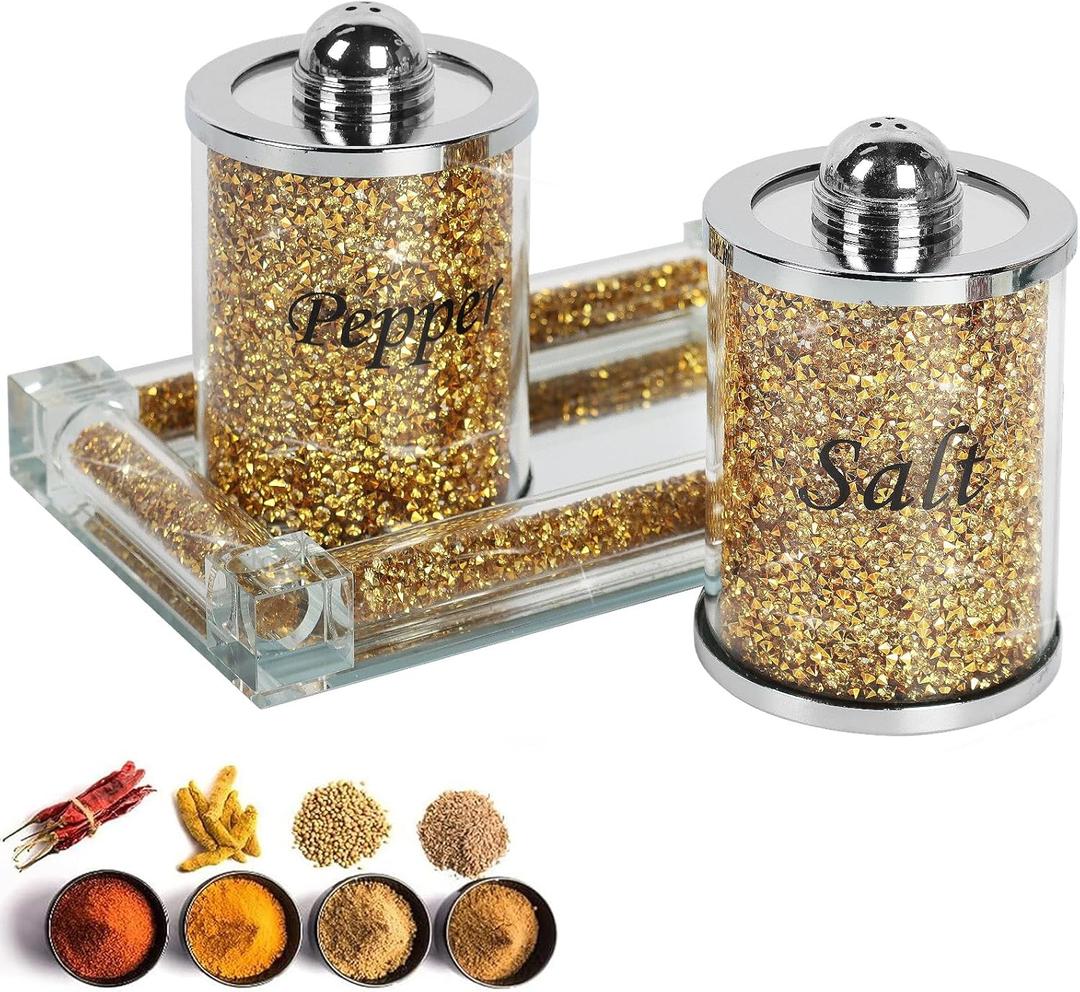 Crystal Salt and Pepper Shakers Set with Tray,Sparkly Crystal Crushed Diamond House Decor for Kitchen,Bling Salt Pepper Jar Container Pot for Countertop,Elegant kitchen salt cabinet,Gold