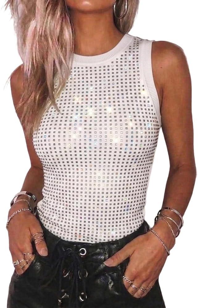 CHICME Womens Summer Sleeveless Ribbed Tank Tops Rhinestone Sparkly Basic Top Slim Fit Party Y2K Outfit, Size Large