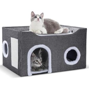 Cat House for Indoor Cats  Foldable Cat Cave & Covered Cat Bed, Cozy Hideaway for Small Pets and Large Cats (23.6"x16"x12.8"),Dark Grey