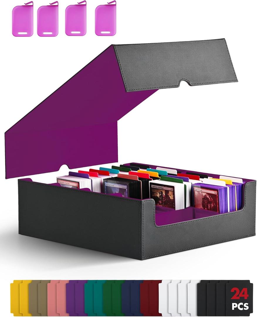ZLCA Card Storage Box for MTG PTCG, Commander Deck Box Holds 3200+ Cards, Trading Card Storage Case with 4 Stoppers, Card Organizer for TCG Sport Cards(Black&Purple)