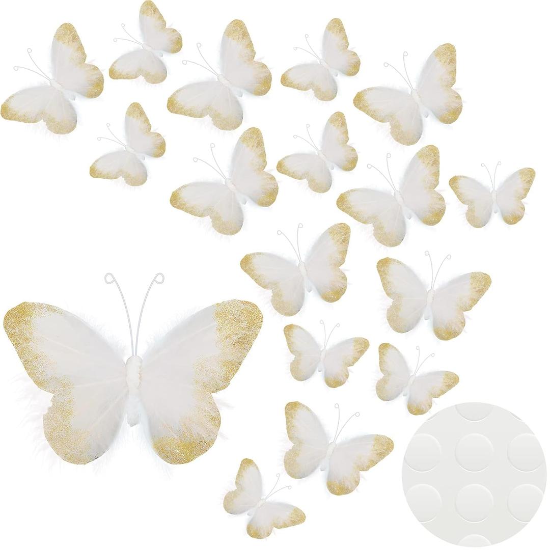 16 Pieces Feather 3D Butterfly Wall Decals Gold Glitter Butterfly Decor Stickers for Room Offices Bedroom Bathroom Living Room Decor(White)