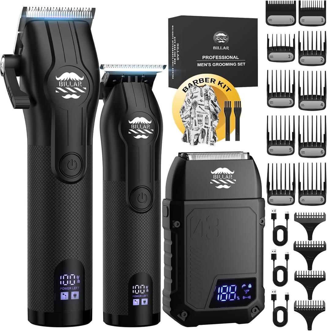 BILLAR Cordless Barber Kit, Professional Hair Clipper Set with Trimmer and Foil Shaver, Rechargeable Haircut Grooming Tools for Men Barbers, Blackk