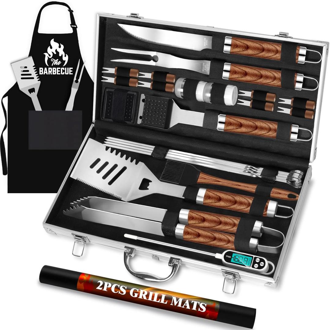 ROMANTICIST 26pcs Stainless Steel Grill Tool Set, Heavy Duty BBQ Grilling Accessories Gifts for Men Dad, Non-Slip Grill Utensils Kit with Apron, Thermometer, Mats in Aluminum Case for Valentines Brown