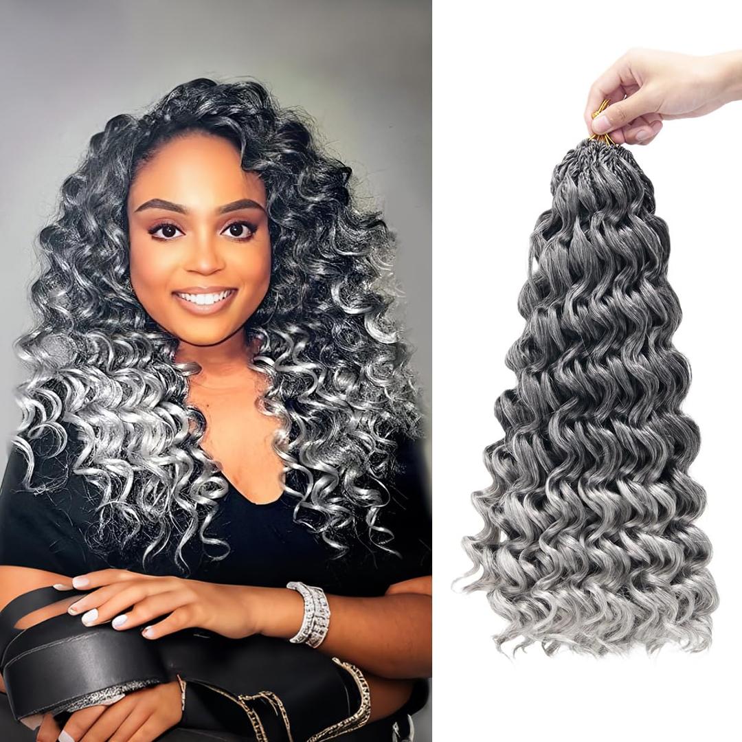 8 Packs Curly Crochet Hair for Women 18 Inch Omber Grey Short Pre Looped Ocean Wave Crochet Hair Deep Water Wave Twist Crochet Braids Synthetic Braiding Hair Extensions18 Inch,1B/Grey