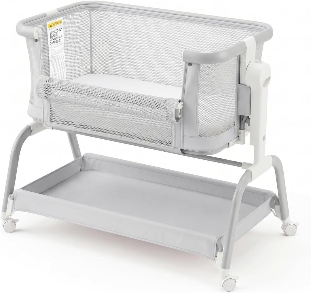 3 in 1 Baby Bassinet,Rocking Bassinets Bedside Sleeper with 6 Adjustable Heights,Breathable Full-Mesh,Comfortable Mattress & Lockable Wheels,Stable Rolling Portable Crib for Newborns(Gray) | Breathable Full Mesh