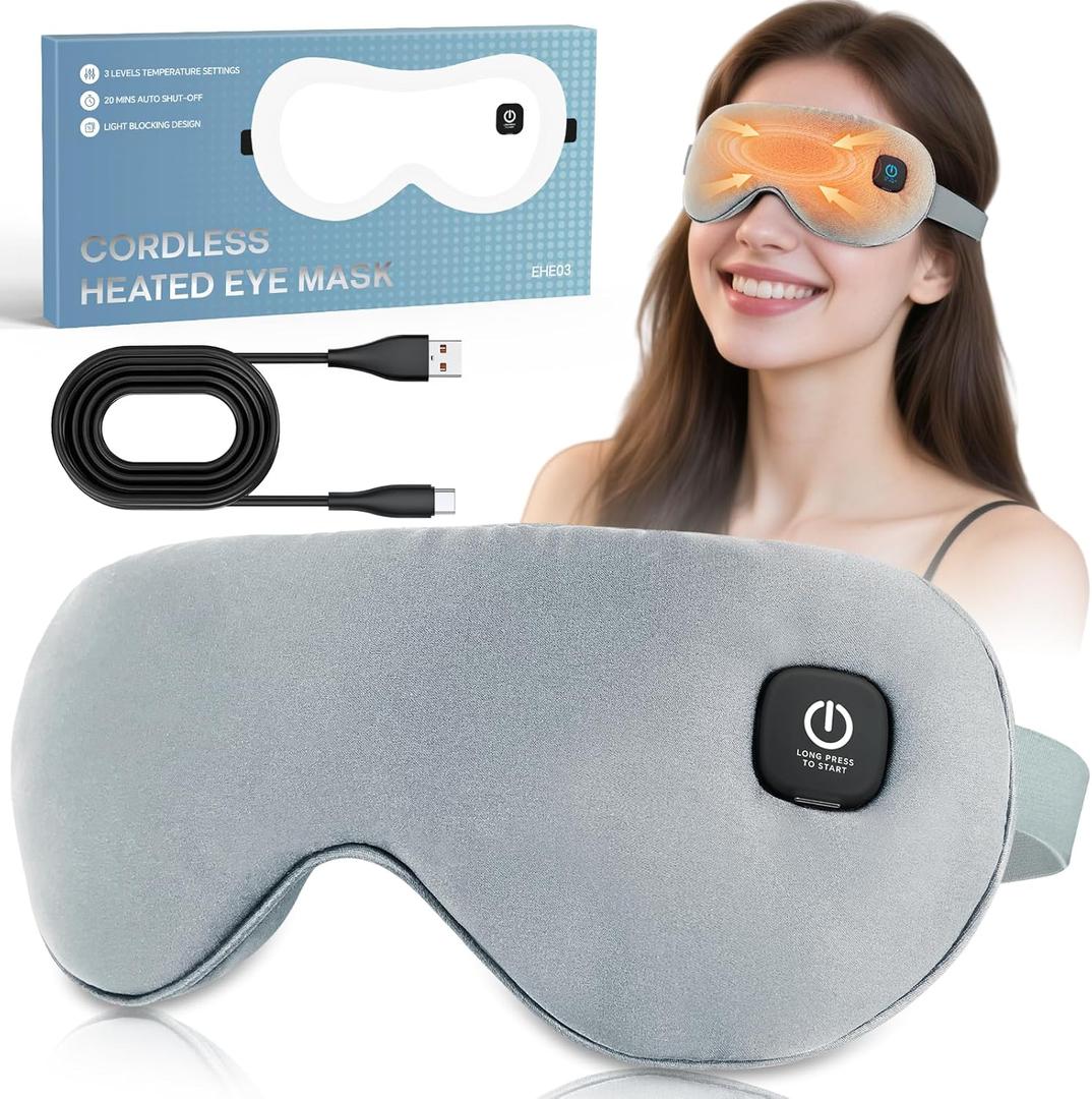 Heated Eye Mask for Dry Eyes Relief, Cordless Eye Mask with 3 Heat Settings, Washable Eye Cover, Warm Heating Pad for Stye Eye Treatment & Travel Use (Gray)