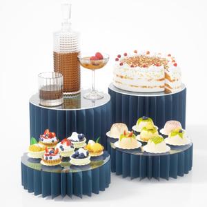 HeiMma 4 Pack Buffet Risers, Foldable Accordion Food Display Risers with Acrylic Disc, Dessert Table Display Set, Cardboard Paper Cupcake Cake Stand for Party Cylinder Stands for Parties Drink Collectibles Jewelry Figures, Multi-height, Blue