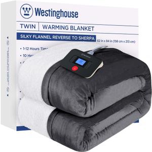 Westinghouse Electric Blanket Twin, Heated Blanket Twin Size with 10 Heating Levels and 1 to 12 Hours Heating Time Settings, Flannel to Sherpa Reversible, Machine Washable (62" x 84", Charcoal)
