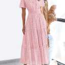 PRETTYGARDEN Womens 2026 Summer Maxi Dress Short Sleeve V Neck Hollow Out Eyelet A Line Long Flowy Beach Vacation Dresses (Pink, M)