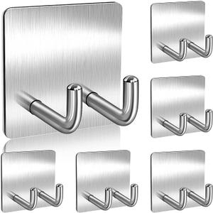 Ranslen 6 Pcs Premium Heavy Duty Adhesive Hooks with Double Hooks Wall Hangers for Bathroom, Self Stick Hooks for Hanging Heavy Duty, Self Adhesive Razor Holder for Shower Wall Straight (Straight)