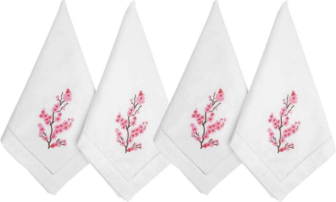 HCRAFT Embroidered Cotton Table Napkins, Cloth Napkins Set of 4 18x18 Cherry Blossom Napkin Square Fabric, Dining Room, Napkins Cloth Machine Washable, Pink Cotton Cloth Napkins, Great Present Ideas