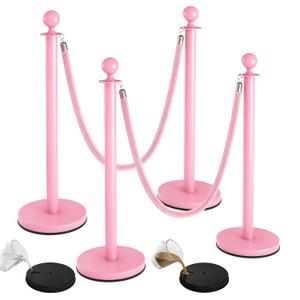 4Pcs Pink Stanchions and Velvet Ropes, Crowd Control Barriers with Sand or Concrete-Fillable Leakproof Base, 2Pcs 5ft Stainless Steel Posts for Wedding, Baby & Bridal Shower, Birthday & Prom