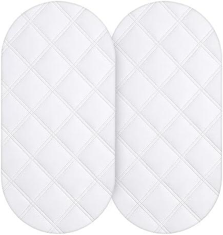 Yoofoss Waterproof Bassinet Mattress Pad Cover 2 Pack Fit for Hourglass/Oval Bassinet Mattress, Baby Bassinet Mattress Protector for Boys and Girls 32X16in White