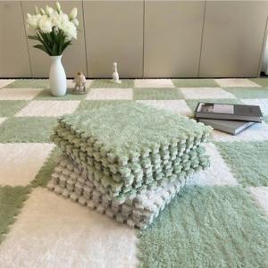 16pcs Plush Puzzle Carpet Tiles, Carpet Squares with Soft Fluffy Interlocking Square Foam Tiles for Living Room & Bedroom, Home Playroom Decor and Pet Comfort Rest Area(11.8x11.8x0.4in,White&Green)