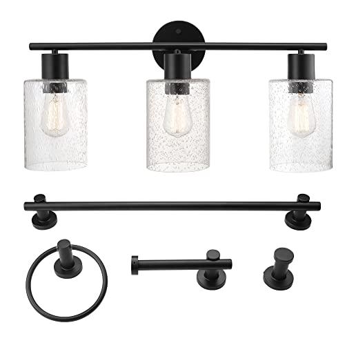 Globe Electric 51851 Bristol 5-Piece All-in-One Bathroom Set, Matte Black, 3-Light Vanity Light with Seeded Glass Shades, Towel Bar, Towel Ring, Robe Hook, Toilet Paper Holder