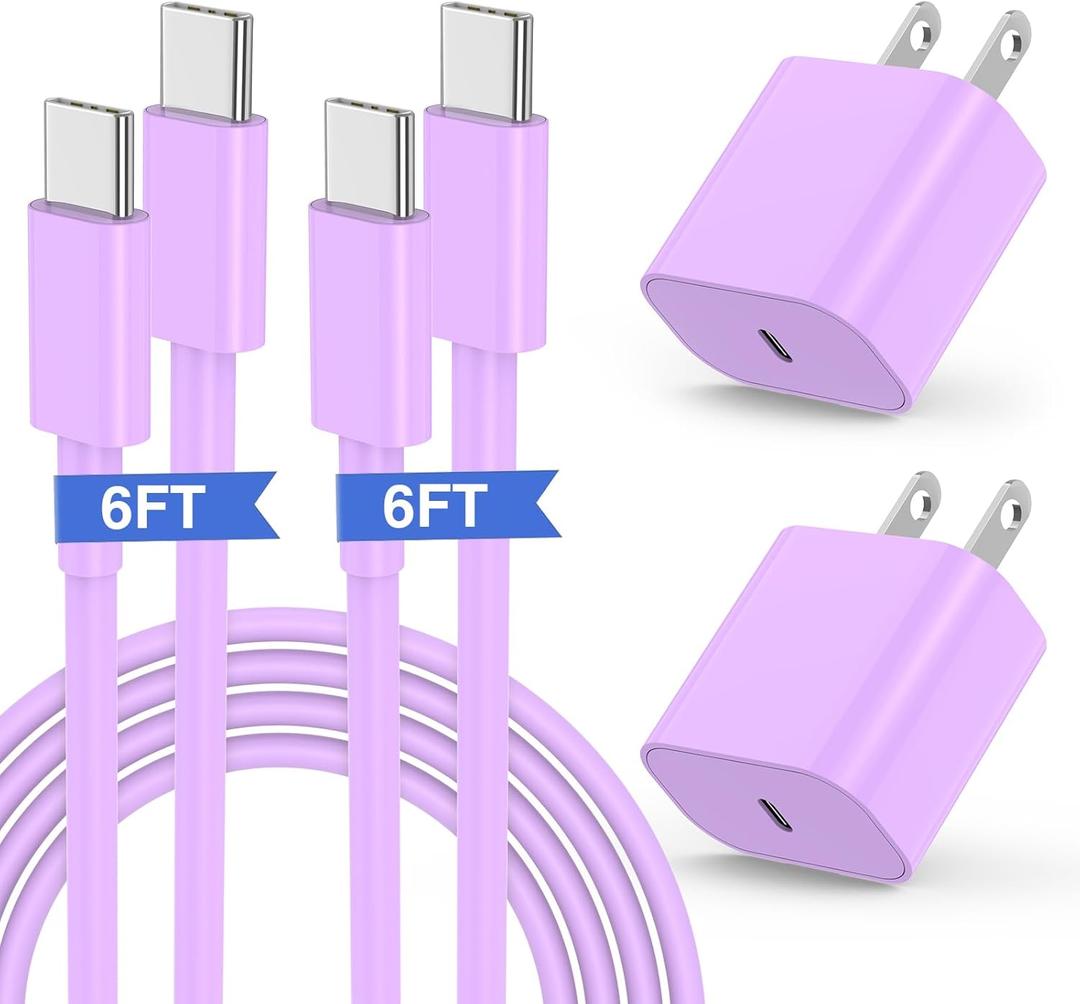 iPhone 17 16 15 Fast Charger, 20W USB C Charging Block for Apple iPhone 17 Pro Max/17 Air/16 Pro/15 Plus, iPad 12/11 inch/Mini/6 Gen,Wall Plug Power Adapter Cube Brick/6ft Type C to C Cable Cord Long (Purple)