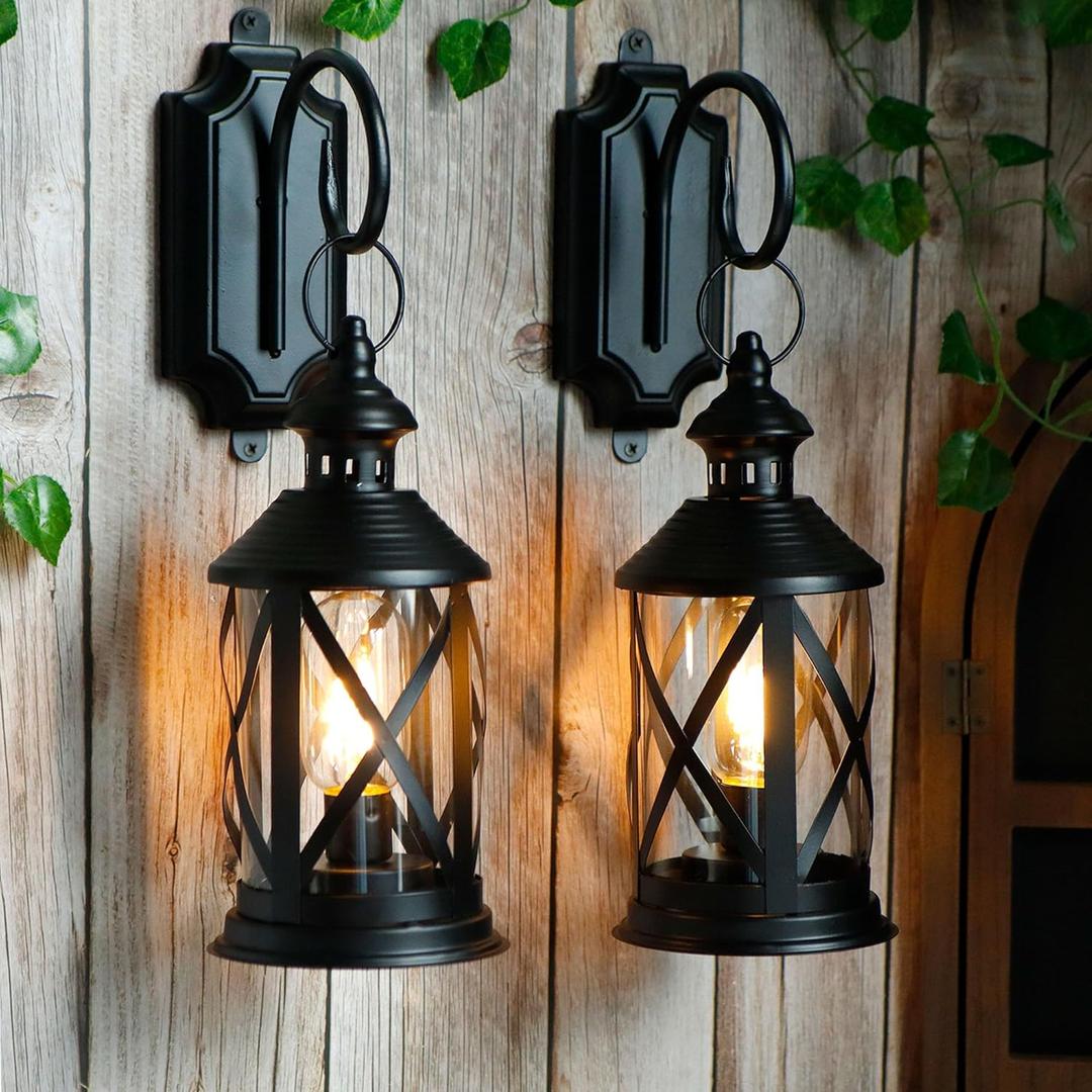 TRIROCKS Set of 2 Battery Powered Metal Lamp 10'' Tall Decorative Cordless Table Lamps LED Edison Lights Hanging Lamps with Metal Hook for Home Decor Patio Garden Wedding Parties Indoor Outdoor(Black)