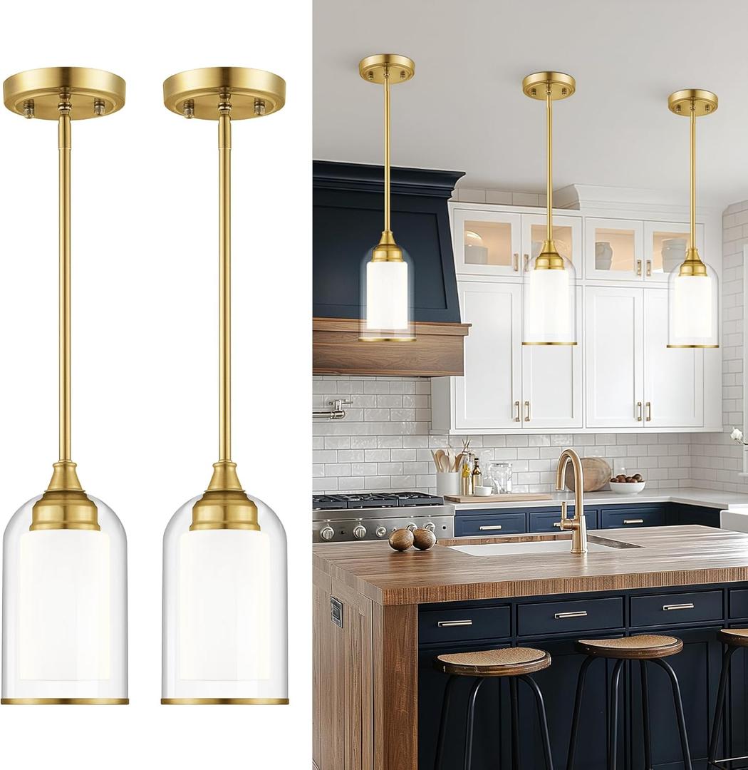 2 x LIROUVET 2 Pack Pendant Lights, Vintage Dual Glass Hanging Lamp, Brushed Gold Pendant Lights Kitchen Island with Clear and Milk Glass, Pendant Lighting for Dining Room PL02BR-2PK