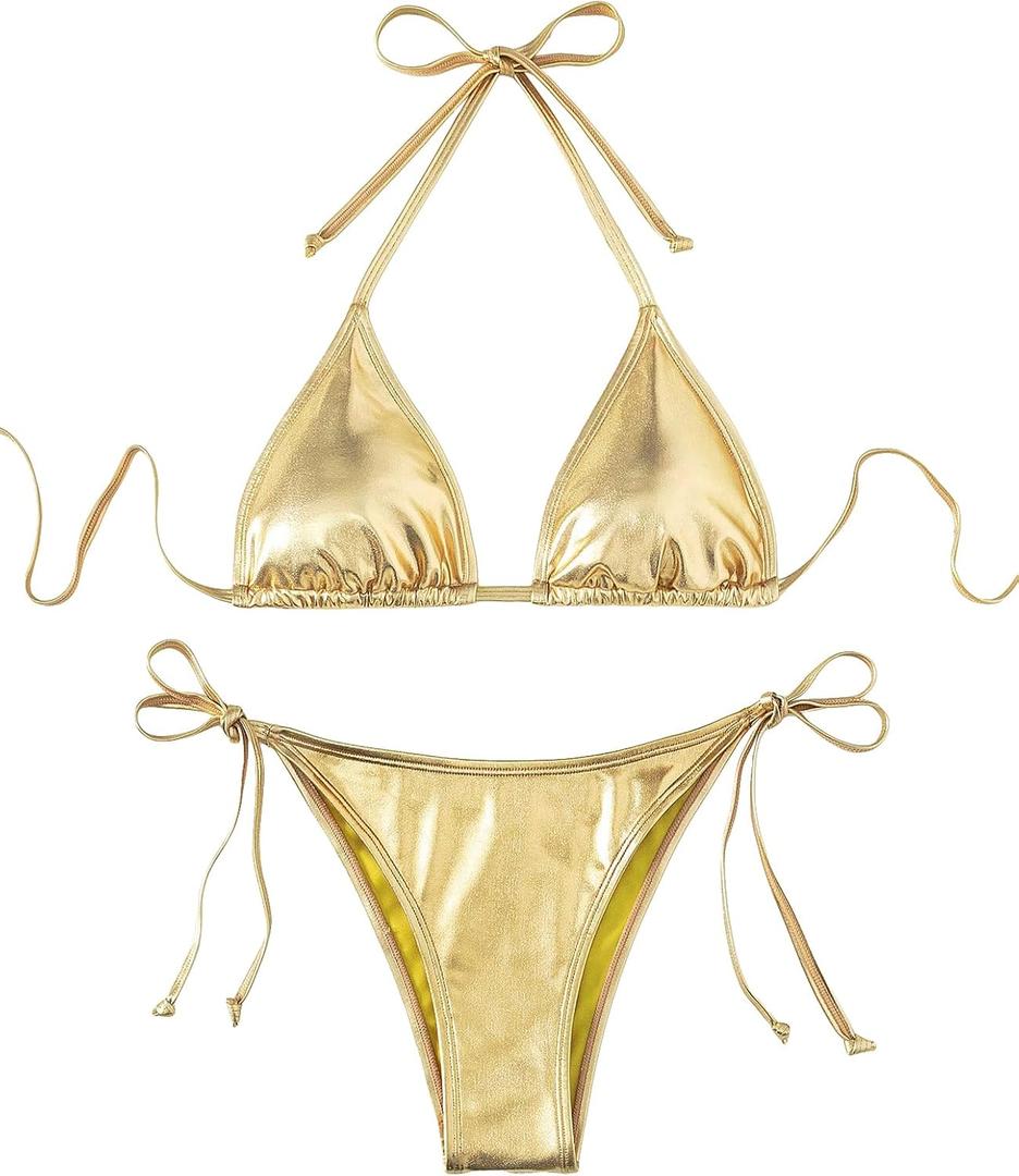 Verdusa Women's 2 Piece Bathing Suit Metallic Swimwear Halter String Triangle Bikini Sets (Medium, Gold)