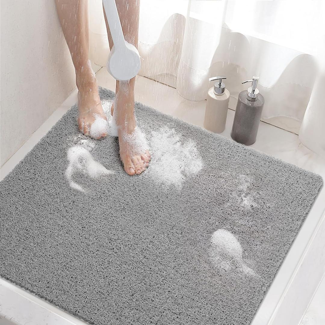 Shower Mat Non Slip Square, Bath Tub Mat for Textured Surface, Soft PVC Loofah Bathtub Mats Without Suction Cups, Quick Drying Shower Floor Mat, 24 x 24 Inch Bathroom Accessories, Grey