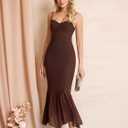 KUTUMAI Women Bodycon Long Formal Dress Asymmetric Hem Lace Neck Wedding Guest Cocktail Maxi Dresses (Brown, M)