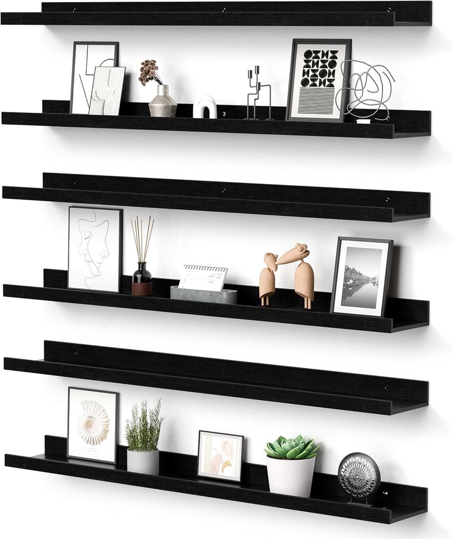 upsimples Floating Shelves for Wall, 35.5 Inch Shelves for Decor Storage Set of 6, Wall Mounted Wood Shelf for Bedroom, Living Room, Bathroom, Kitchen, Long Picture Ledge Shelves, Black