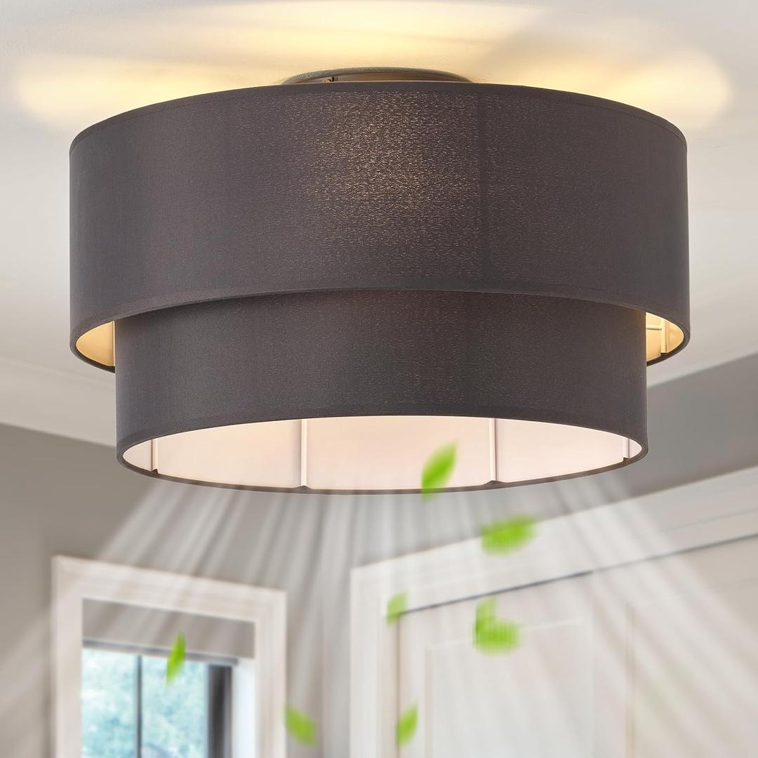 20" Farmhouse Rustic Ceiling Fan with Lights Low Profile, Black Flush Mount Ceiling Fan with Light Remote Control, Bladeless 6 Speeds for Bedroom, Living Room, Nursery