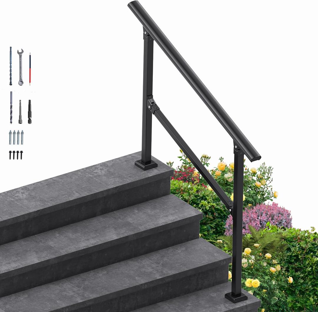 4 Steps Handrail for Outdoor Steps, Premium Aluminum Alloy Railing Set, Porch Railing Kit,Free Installation Kits Included, Used Under Harsh Weather Conditions,Rust Free for 3-4 StepsSet of 1