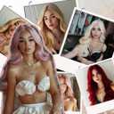 Pink Wigs for Women Long Wavy Wigs with White Highlight 28 inch Middle Part Curly Wig Natural Looking Synthetic Wigs Thick Soft Long Pink Wig Hair Replacement Wigs for Daily Party Costume Use