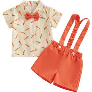 Thorn Tree Baby Boy Easter Outfit Bunny/ Carrot Button Down Shirts Suspender Shorts Newborn Infant Summer Clohtes Cute Outfits (Orange, 6-12 Months)