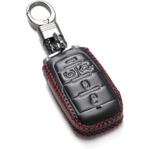 Vitodeco Genuine Leather Smart Key Fob Case Cover Protector Compatible with RAM 1500, RAM 2500, RAM 3500 2019 - 2025 (5-Button with Tailgate, Black/Red)
