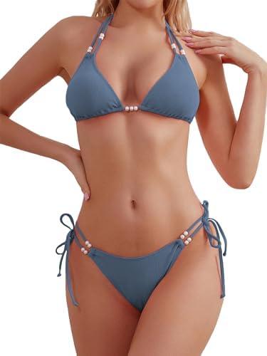 TASHEHE Women's Triangle String Bikini Set Sexy Tie Side Two Piece Swimsuit Cute Halter Bathing Suit, Blue Nova, S