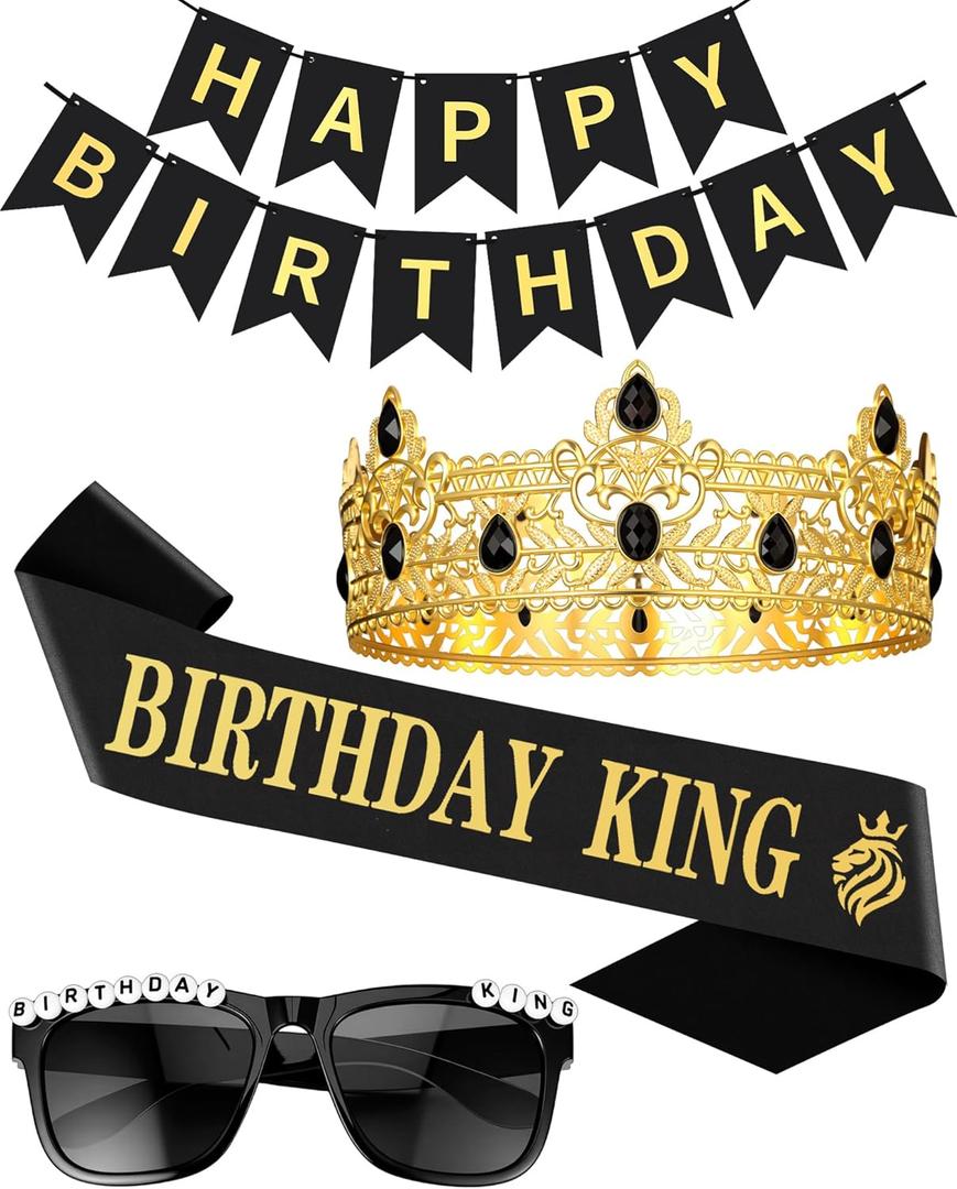 Birthday Crown and Sash Decorations for Men, Birthday Gifts for Men Party Decor Supplies Including King Crown & Sash & Glasses & Banner