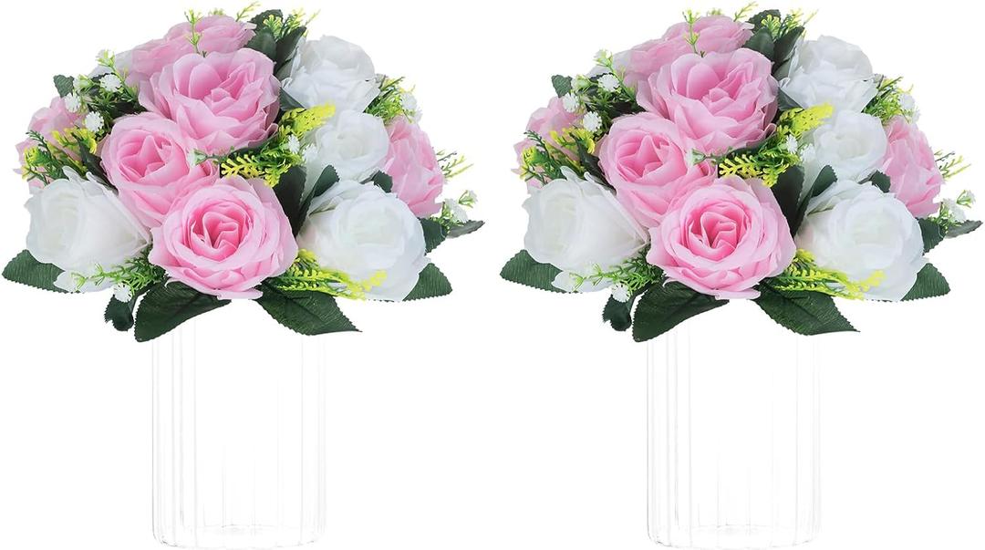 NUPTIO Flower Centerpieces for Wedding Tables: Pink & White Artificial Flower Ball Arrangement for Weddings Party - 2 Pcs Fake Floral Rose for Birthday Bridal Shower Decorations