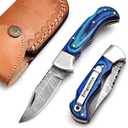 FM807 Pocket knife, Folding Clip Damascus Handmade Custom for Men Cool Good Camping Hunting Fishing & s Activities EDC Knives Leather Sheath Knife., Blue (Blue)