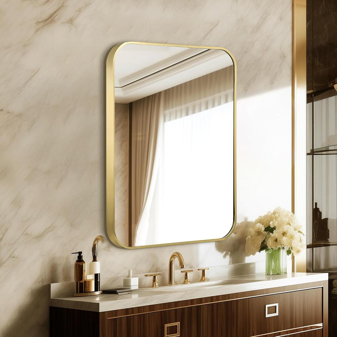24"x30" Brushed Bright Gold Metal Framed Rounded Rectangle Mirror, Gold Wall Mounted Mirrors for Bathroom Entryway Vanity Living Room Bedroom, Vertical or Horizontal