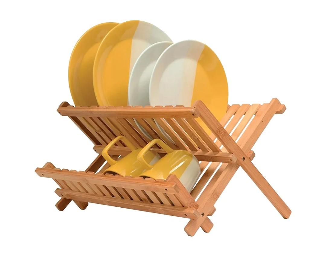 KAEASOUS Bamboo Dish Drying Rack - Large 2 Tier Wooden Dish Drying Rack for Kitchen, Wooden Plate Rack with Foldable Design, Drying Rack for Dishes, Utensils and Cups, Folding Dish Rack for Kitchen