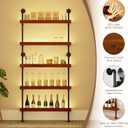 Wall Mounted Wine Rack with LED Light, LED Industrial Pipe Liquor Bar Shelves, 5-Tier Rustic Hanging Organizer for Wine Bottle Storage in Kitchen, Bar, Pub, Cellar (Walnut Brown, 36 Inch), 5t36in