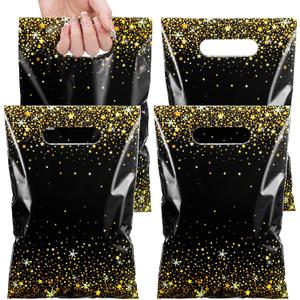 Pasimy 50 Pcs Black and Gold Party Favor Gift Bags Die Cut Plastic Treat Goodie Merchandise with Handle for Birthday Party Wedding Bridal Baby Shower 2026 New Year Gift Supplies