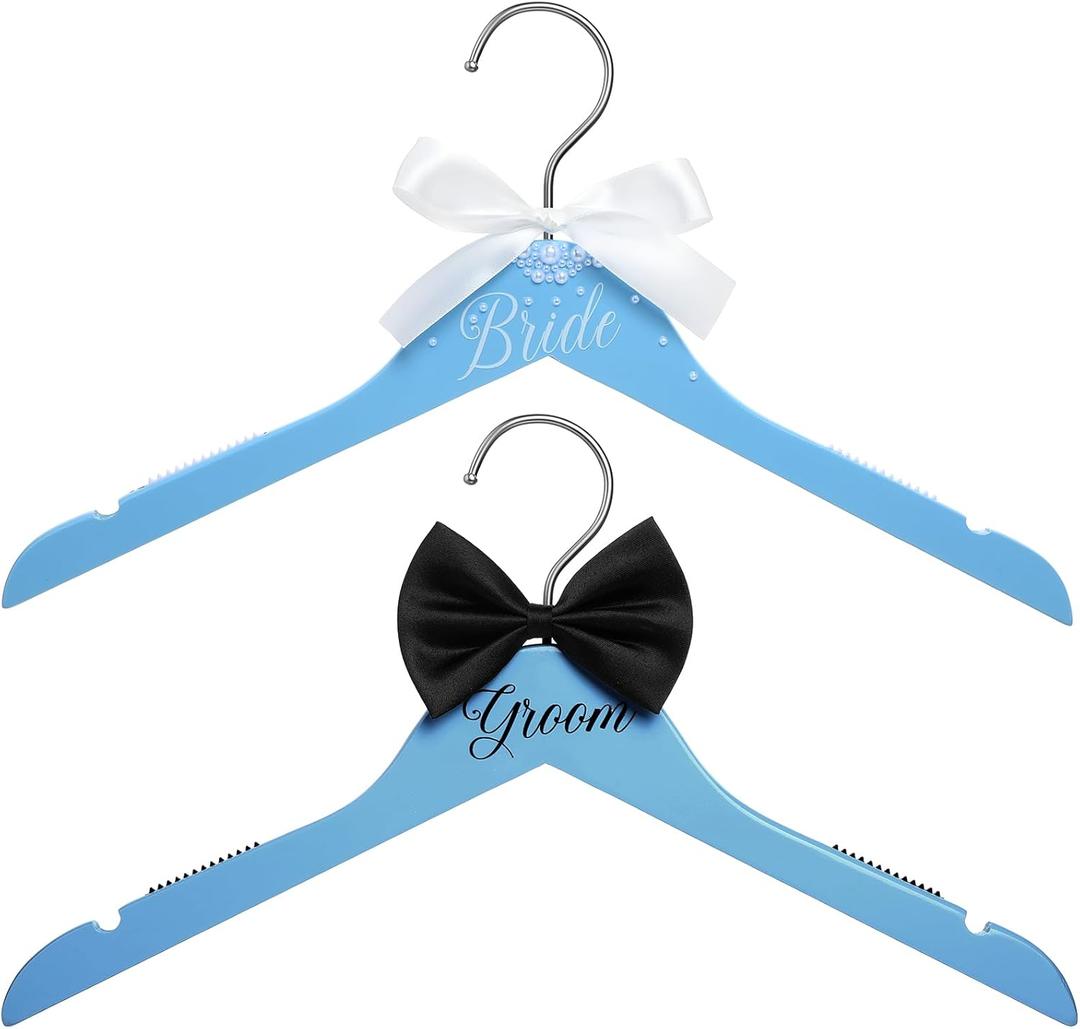 2 Pcs Blue Wedding Bride Hanger Bride and Groom Wooden Dress Hanger Set with Bow Tie for Tuxedo Suit Wedding Gift Bridal Party Shower