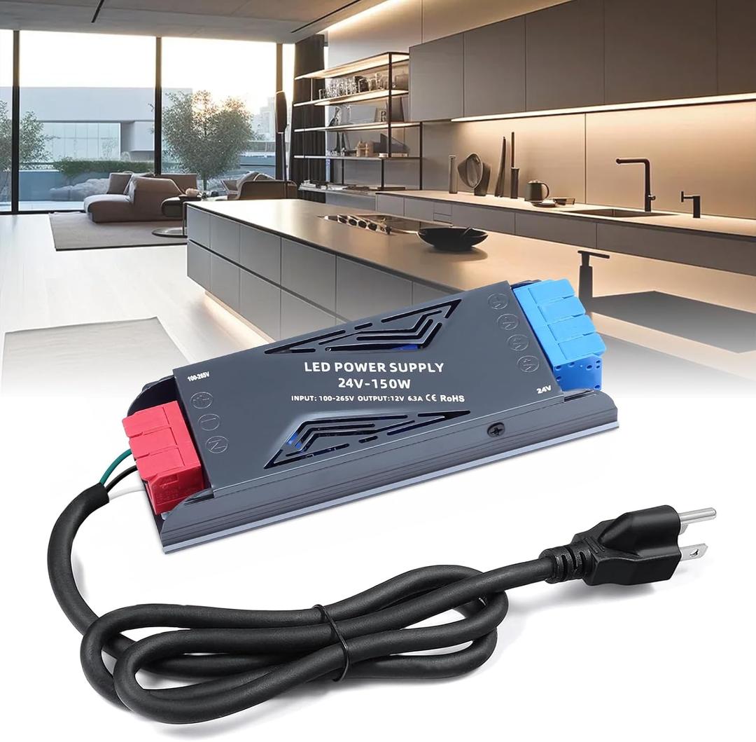 LED Power Supply 24V 150W with Plug, BRIMETI LED Driver 6,3A Transformer AC 120V to 24V DC Low Voltage Switching Converter Constant Voltage Ultra Slim Adapter for LED Strip Light Cabinet Lights