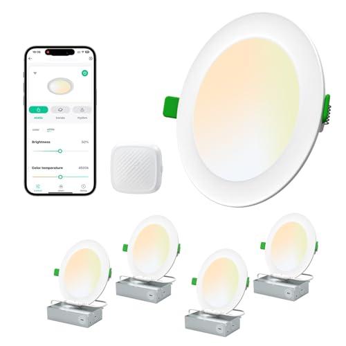 LEPOWER-TEC Recessed LED Can Lights 6 Inch, Smart Wi-Fi Connect White LED Ceiling Light, Adjustable 2700K-6500K Downlight with Junction Box, APP & Voice Control, 1100 Lumens, 4 Pack