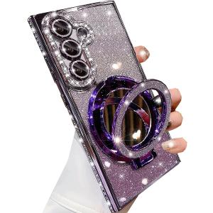 Changjia for Samsung Galaxy S26 Magnetic Kickstand Glitter Case,[Compatible with Magsafe] Cute Bling Sparkly Rhinestones with Camera Lens Protector Makeup Mirror Women Girls Case for Galaxy S26,Purple