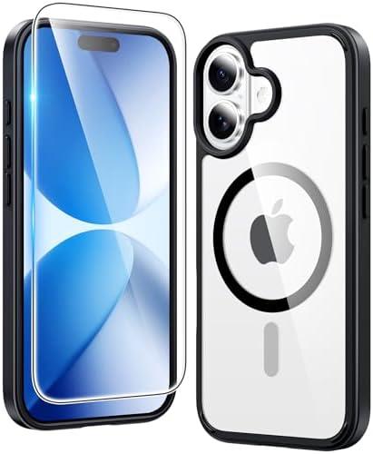 FNTCASE for iPhone 17 Case Clear: Magnetic Phone Cases with Screen Protector Drop Proof Compatible with Magsafe Slim Anti Yellowing Rugged Shockproof Protective Transparent Cell Cover (B-Black)