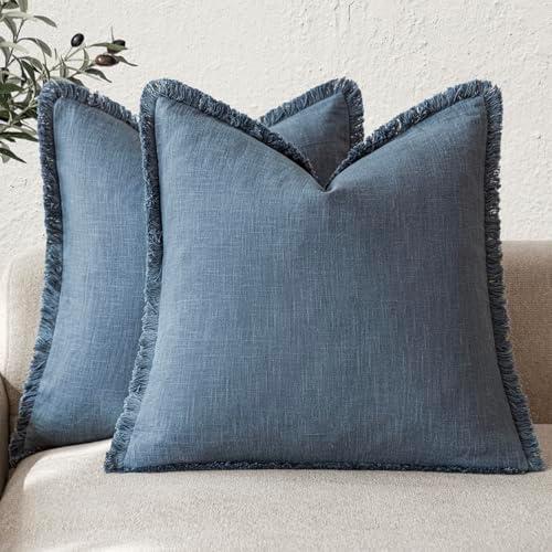 Foindtower Set of 2 Decorative Linen Fringe Throw Pillow Covers Cozy Farmhouse Cushion Cover with Tassels Accent Pillowcase for Couch Chair Sofa Bed Living Room Home Decor,20×20 Inch,Dark Blue